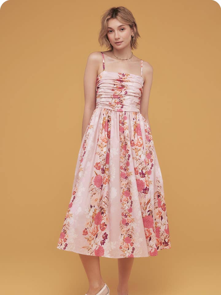 Romantic Floral Print Ruched Pleating Midi Dress - Pink Multi