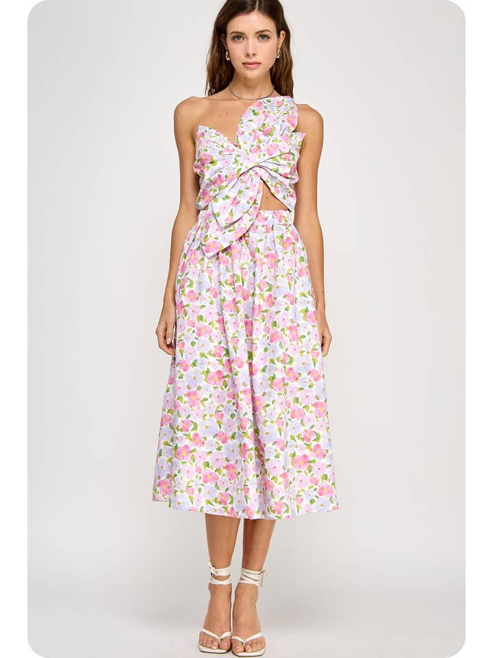 Knotted Flower Bow Dress - Pink Multi