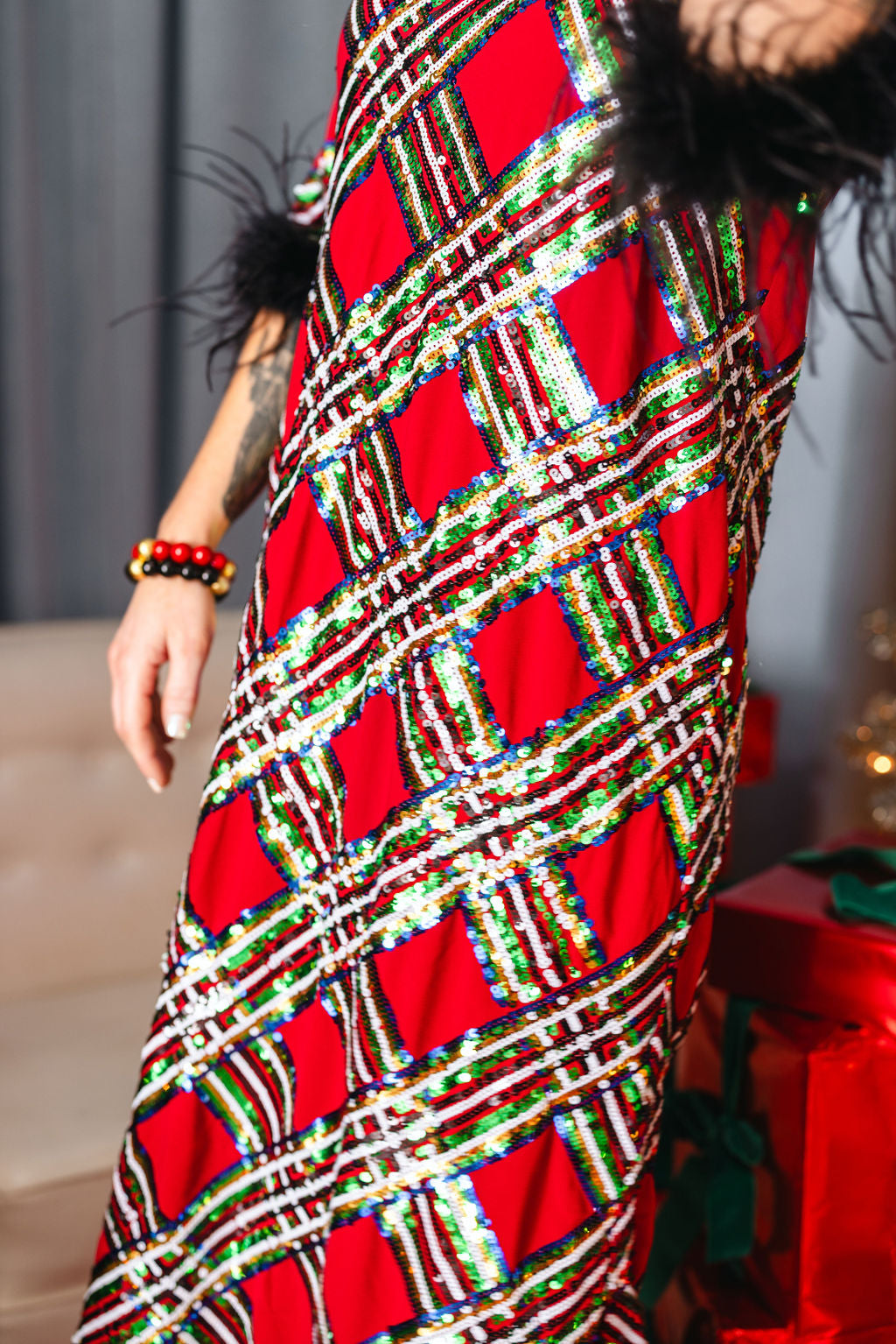 Brianna Cannon| Sequin Tartan Midi Dress