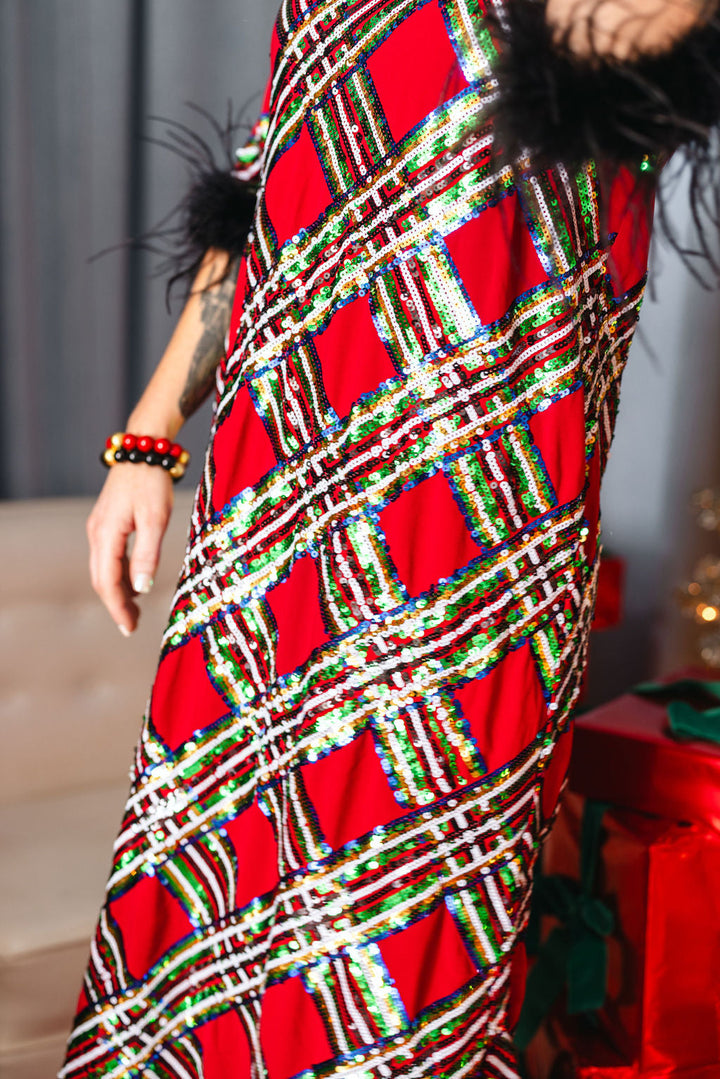 Brianna Cannon| Sequin Tartan Midi Dress