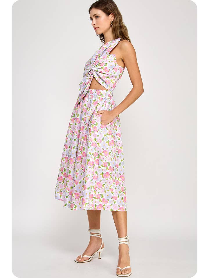 Knotted Flower Bow Dress - Pink Multi