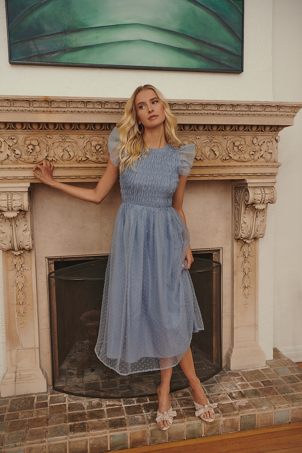 Lucille Organza Dot Smocked Midi Dress - Dusty Blue