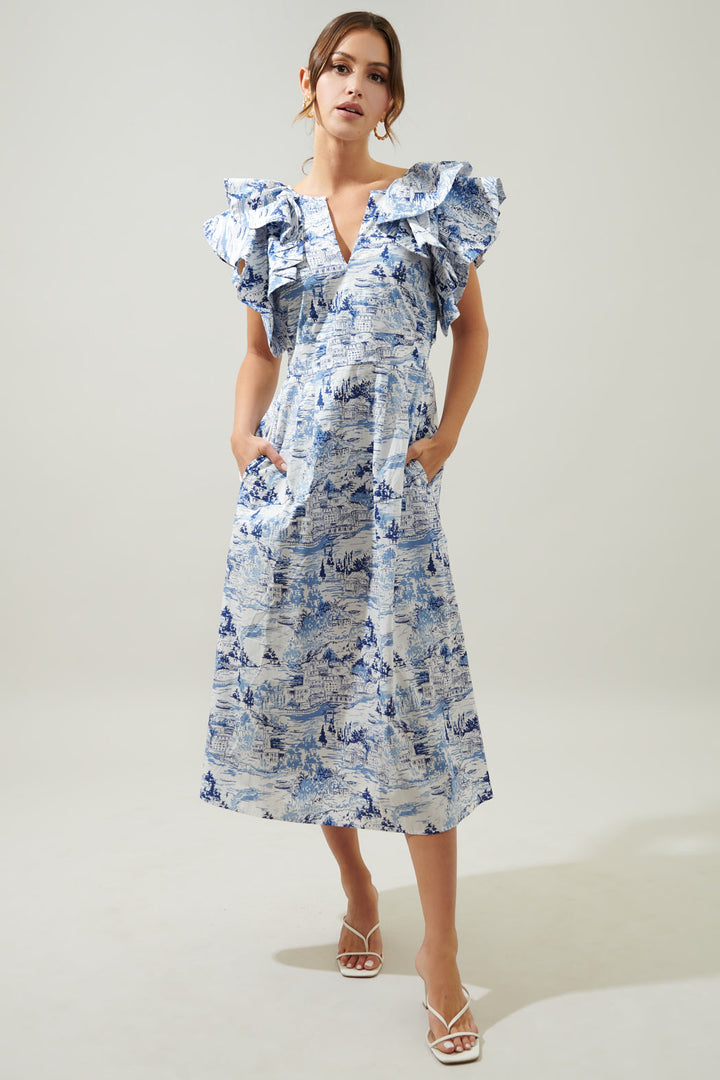 Santana Tie Back Midi Dress - Francine Toile Sky