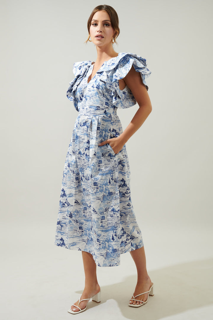 Santana Tie Back Midi Dress - Francine Toile Sky