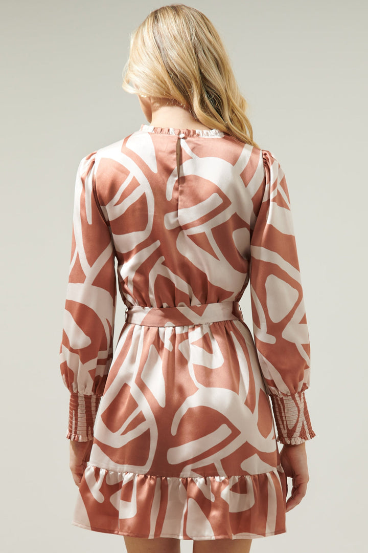 Peachy Keen Abstract Sevilla Satin Ruffle Dress