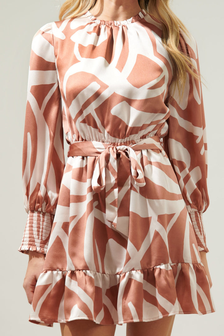 Peachy Keen Abstract Sevilla Satin Ruffle Dress