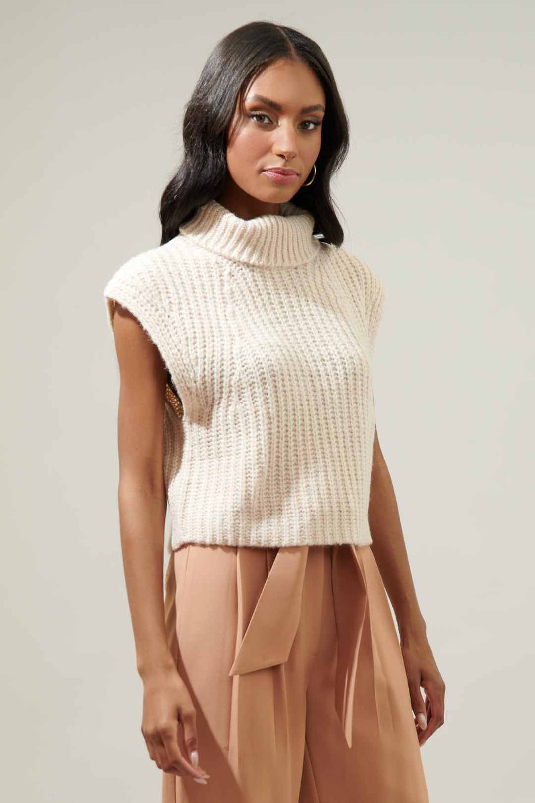 Monica Sleeveless Cropped Turtleneck Sweater - Oatmeal