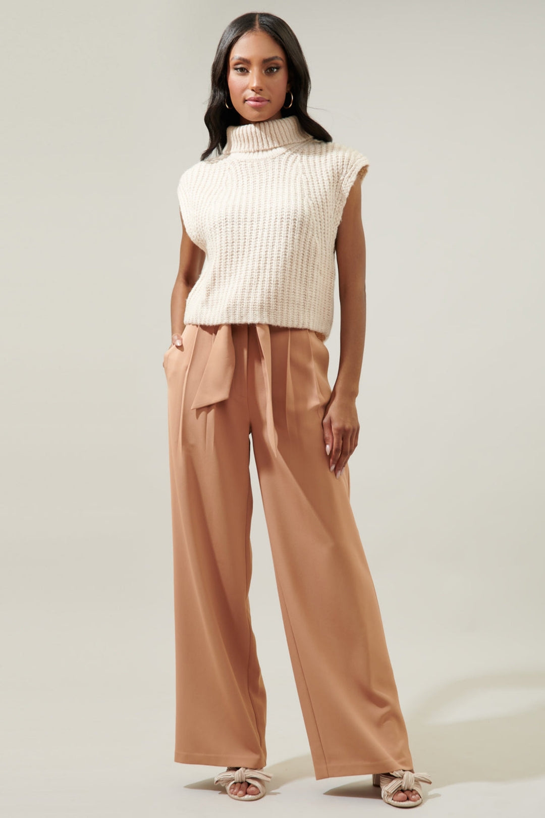 Monica Sleeveless Cropped Turtleneck Sweater - Oatmeal