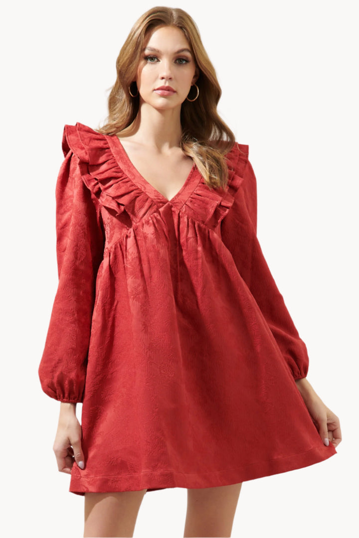 Ciao Jaquard Ruffle Babydoll Dress - Red