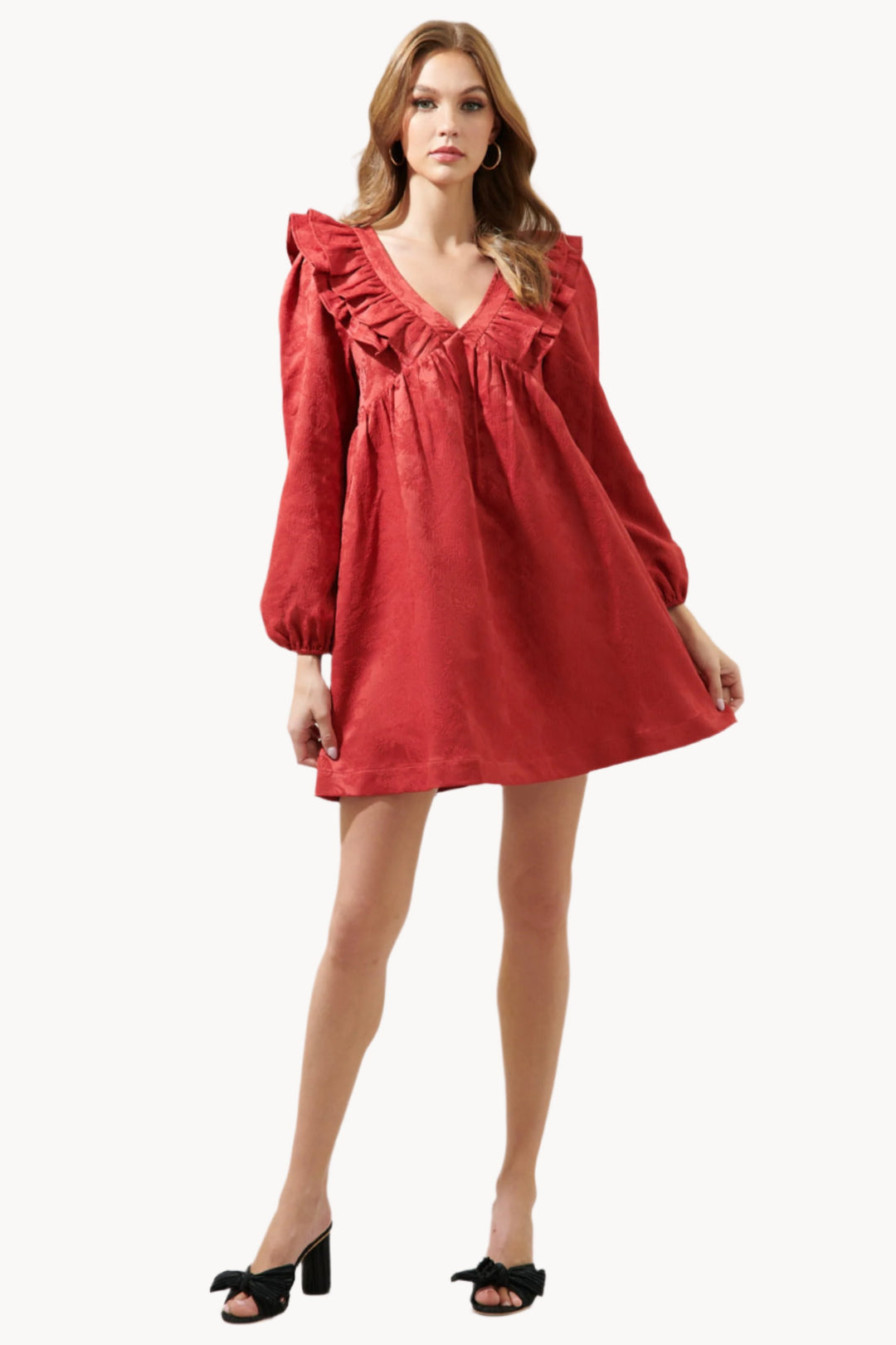 Ciao Jaquard Ruffle Babydoll Dress - Red