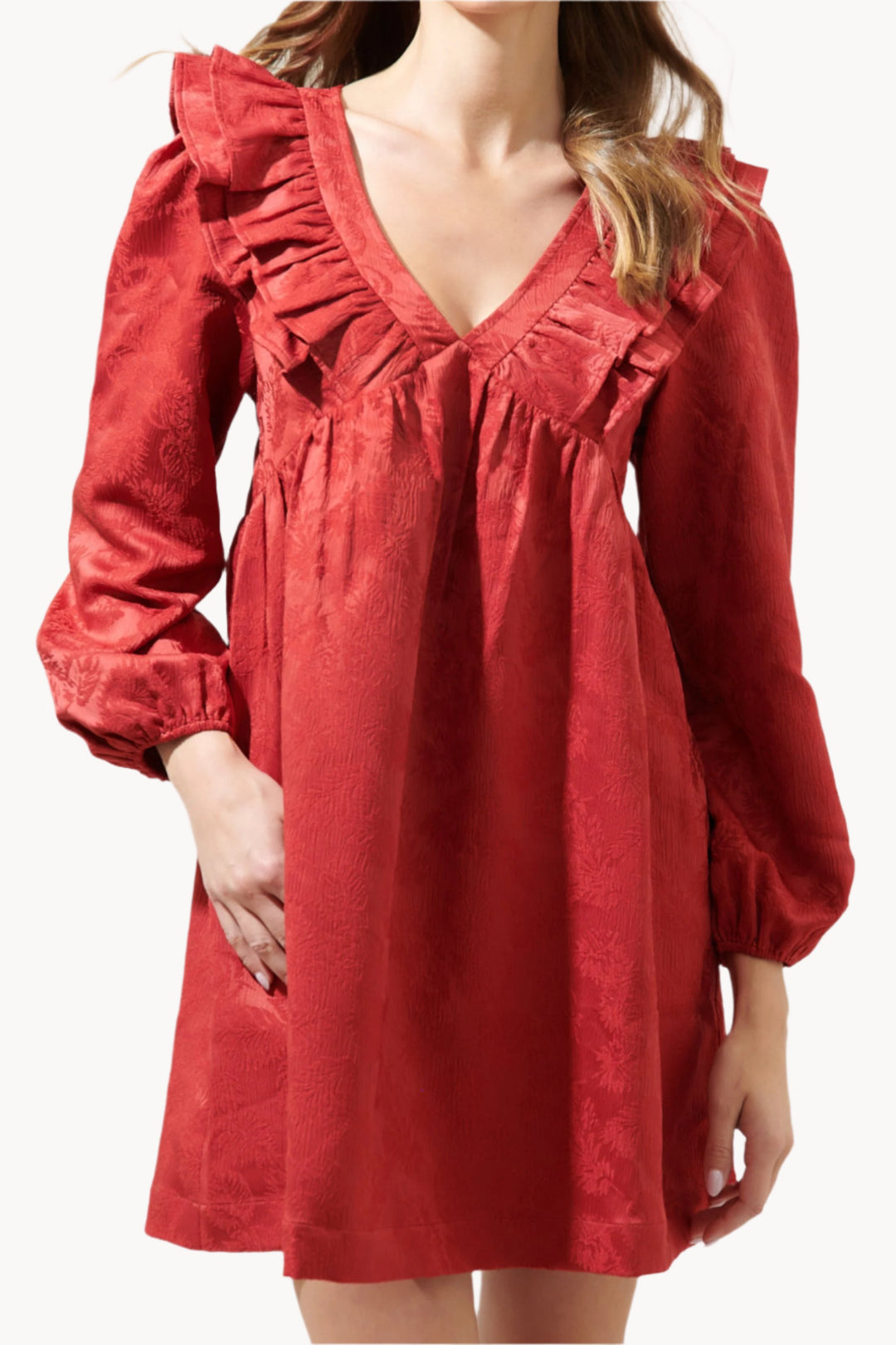 Ciao Jaquard Ruffle Babydoll Dress - Red