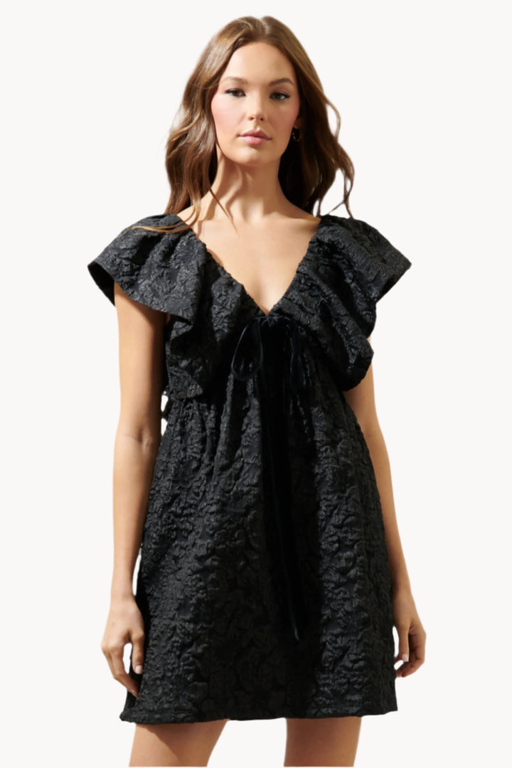 Arielle Jacquard Mini Babydoll Dress - Black