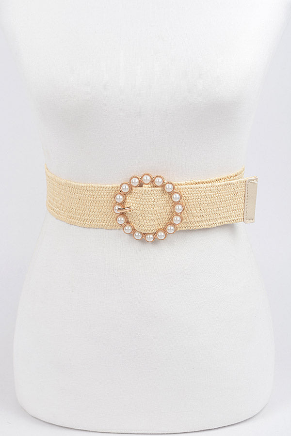 Weaved Pearl Buckle Belt - Beige