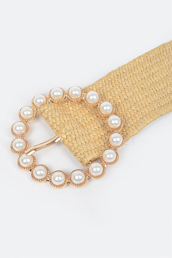 Weaved Pearl Buckle Belt - Beige