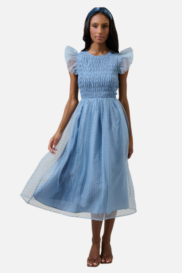 Lucille Organza Dot Smocked Midi Dress - Dusty Blue