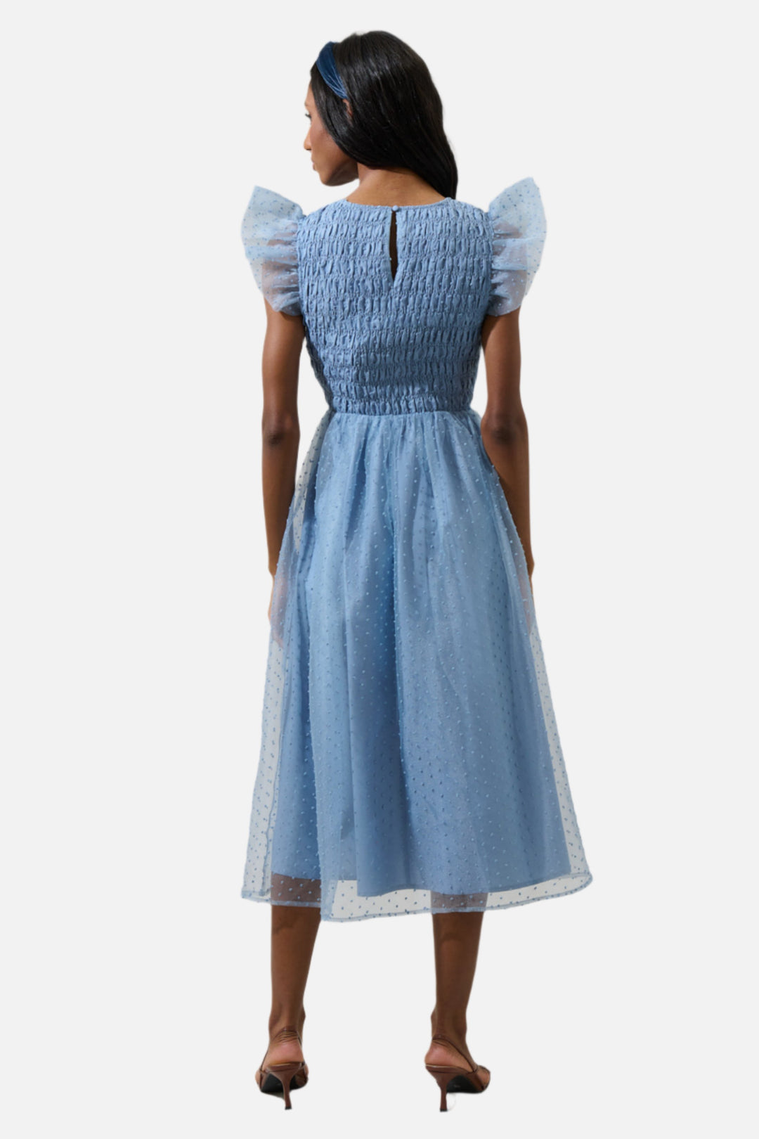 Lucille Organza Dot Smocked Midi Dress - Dusty Blue