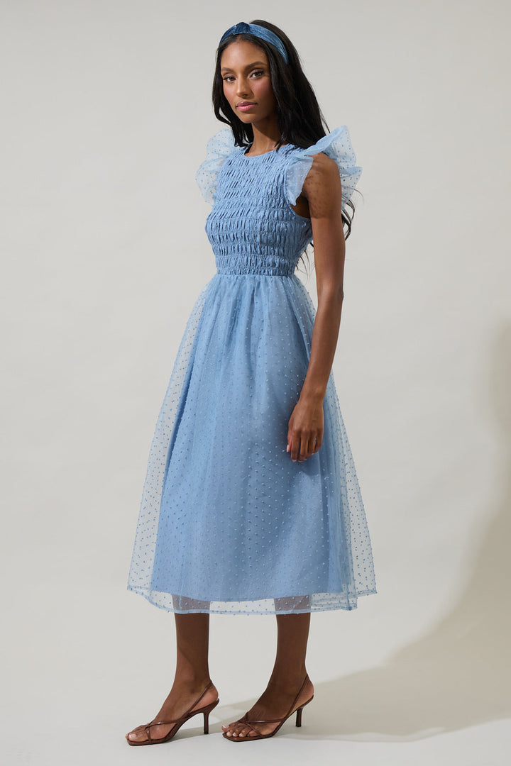 Lucille Organza Dot Smocked Midi Dress - Dusty Blue