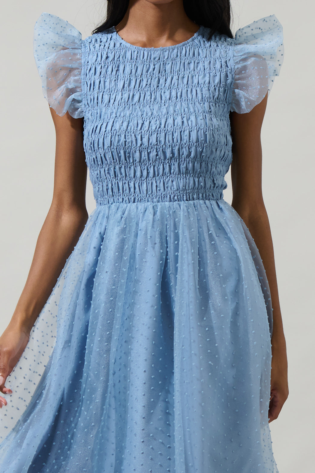 Lucille Organza Dot Smocked Midi Dress - Dusty Blue