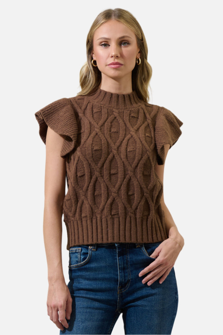 Tatum Flutter Sleeve Cable Knit Sweater Top - Chocolate