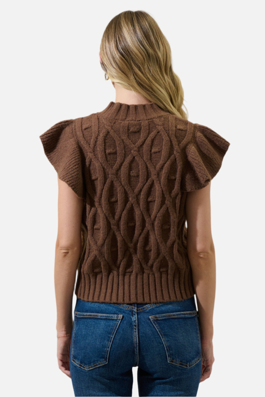 Tatum Flutter Sleeve Cable Knit Sweater Top - Chocolate