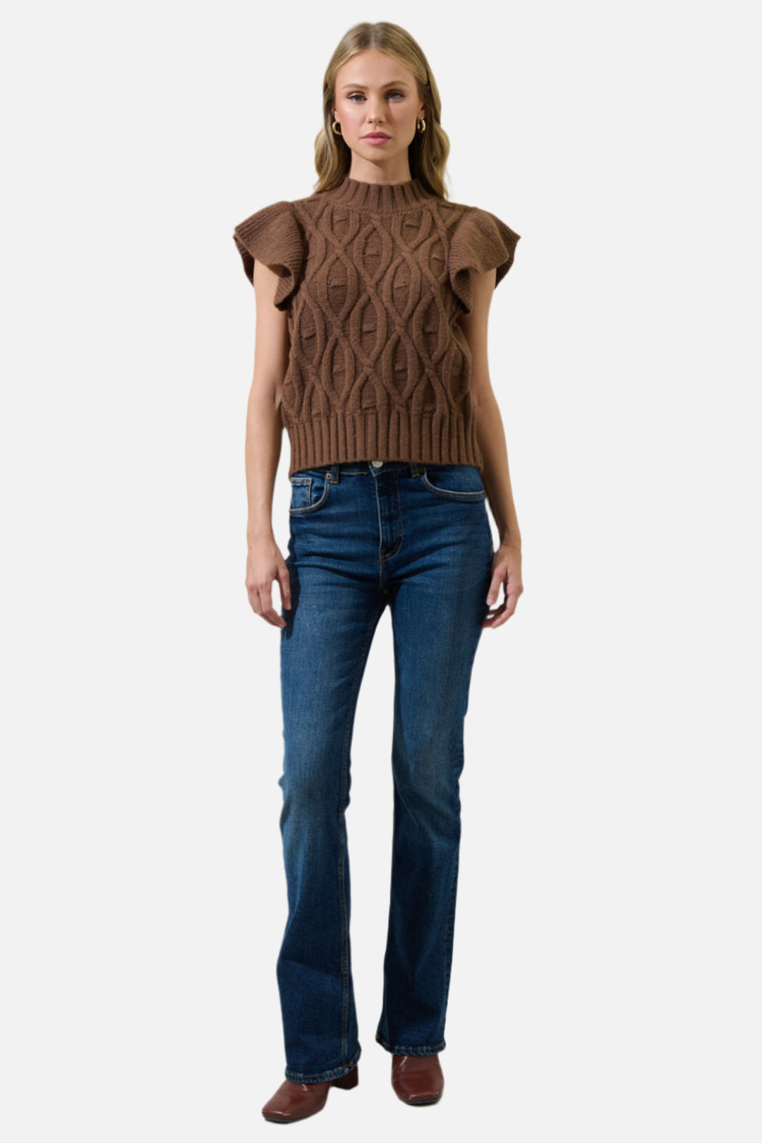 Tatum Flutter Sleeve Cable Knit Sweater Top - Chocolate