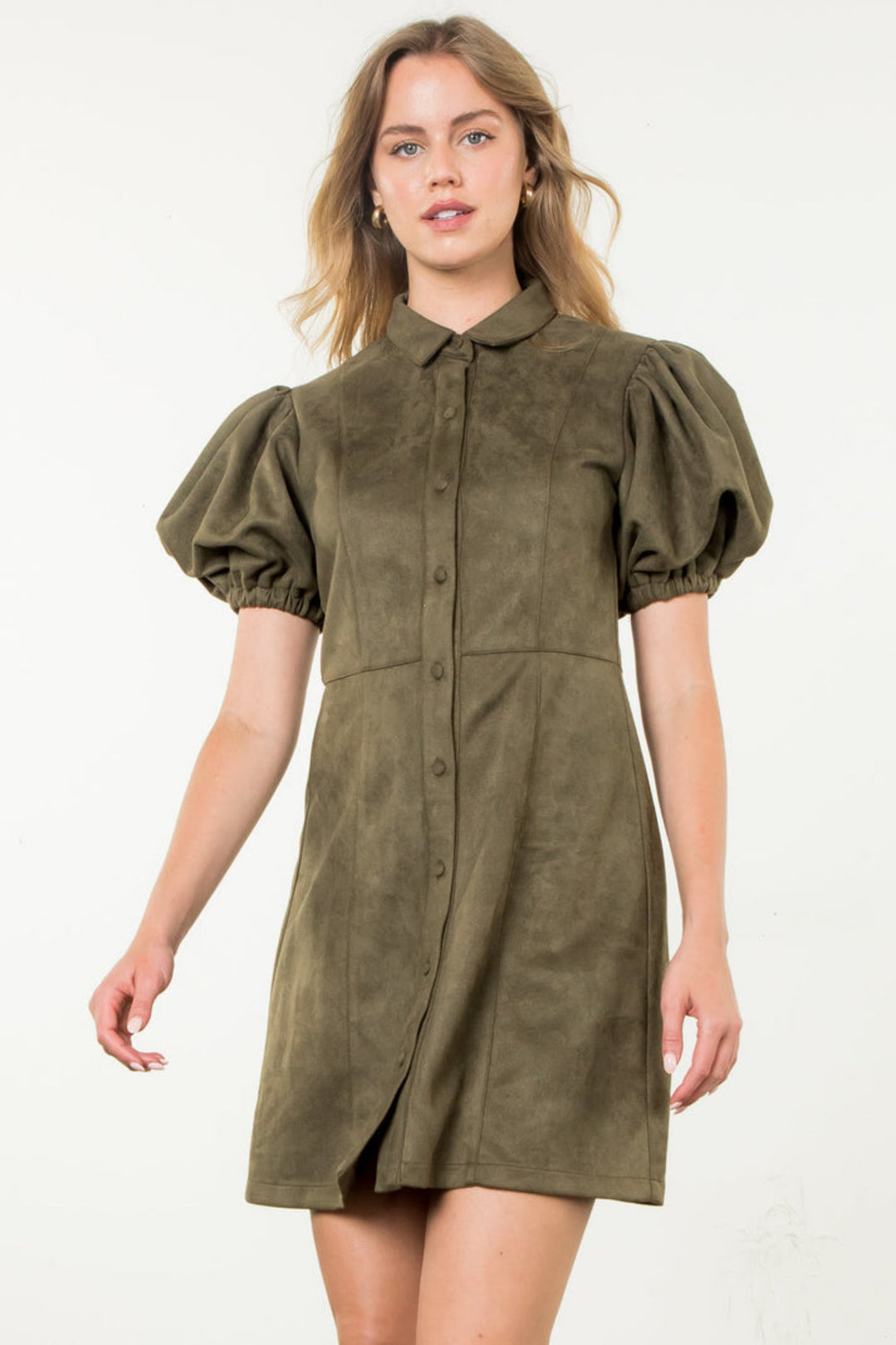 Puff Sleeve Suede Button Up Dress - Olive