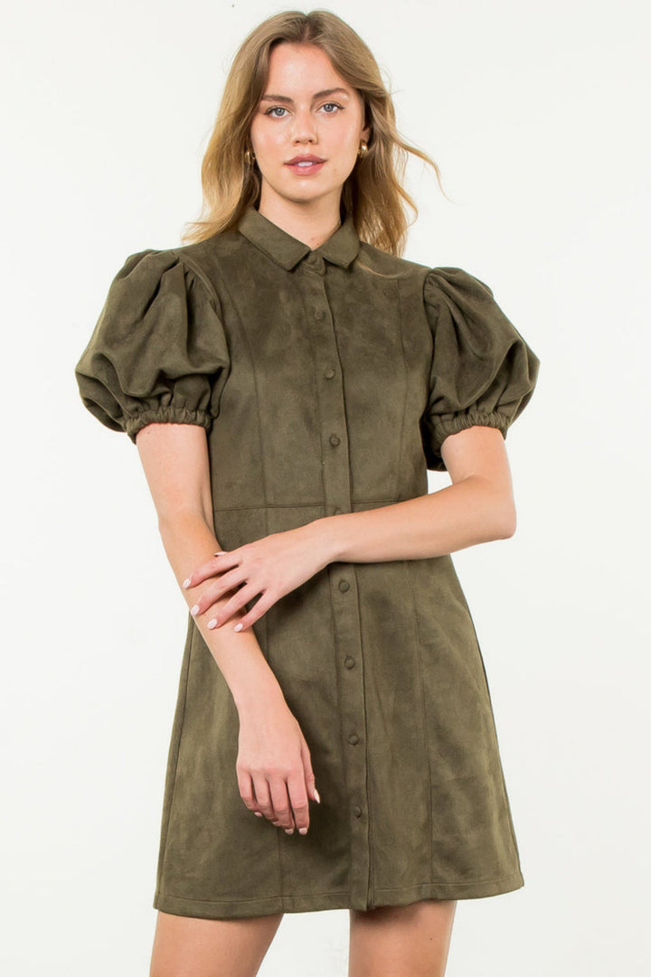 Puff Sleeve Suede Button Up Dress - Olive