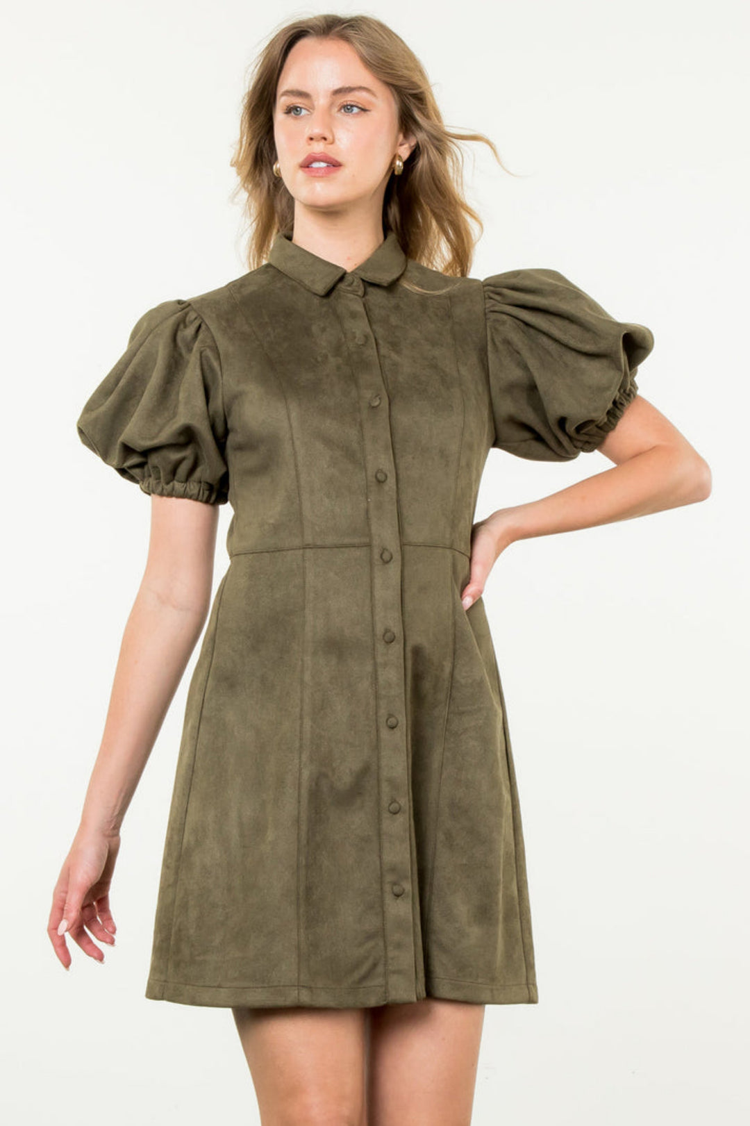 Puff Sleeve Suede Button Up Dress - Olive