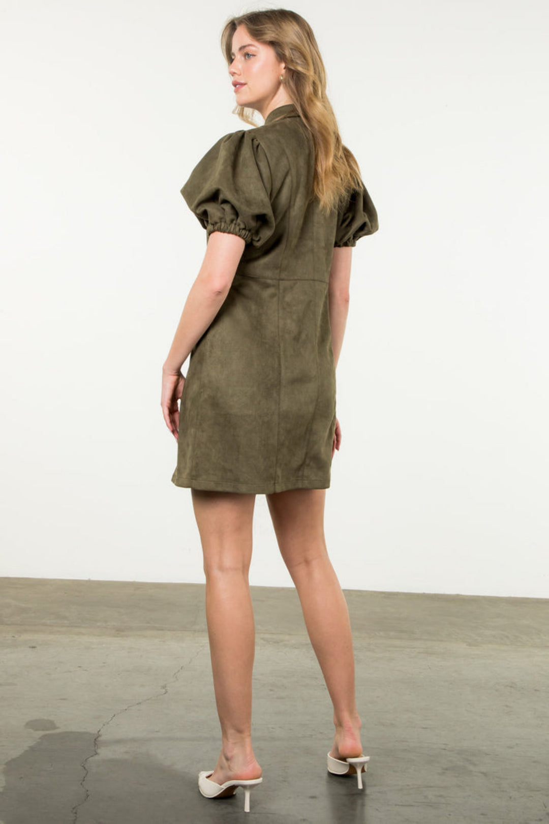 Puff Sleeve Suede Button Up Dress - Olive