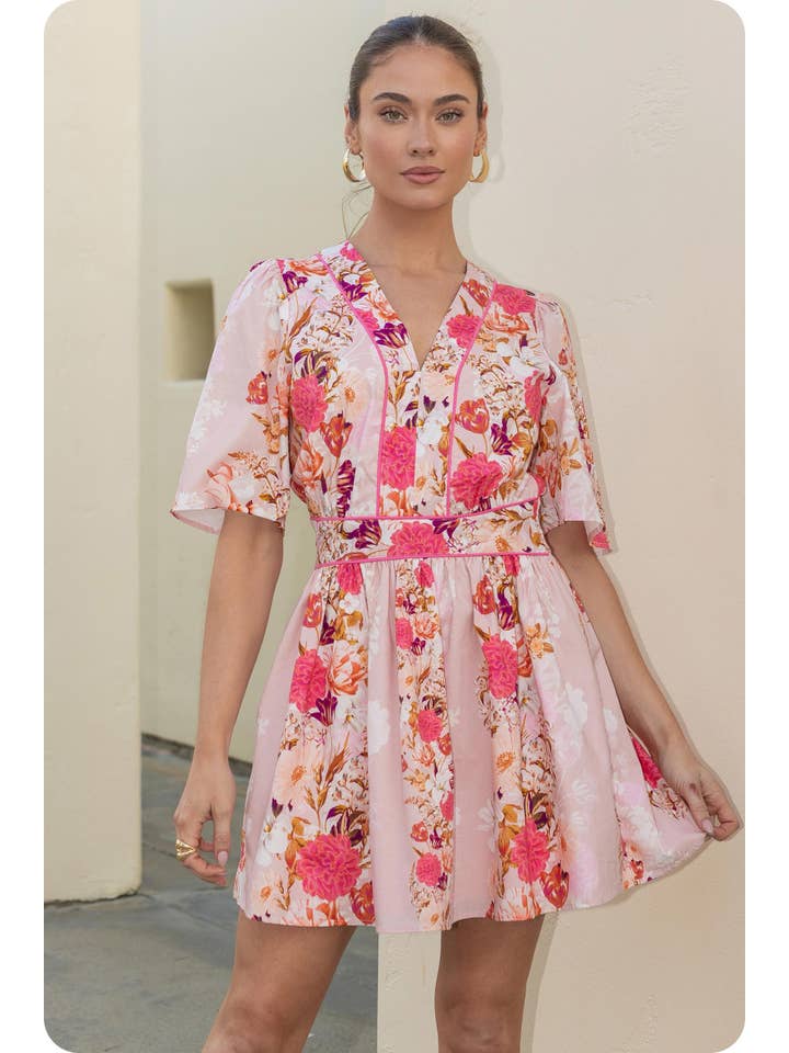 Romantic Floral Print Contrast Piping Mini Dress - Pink Multi