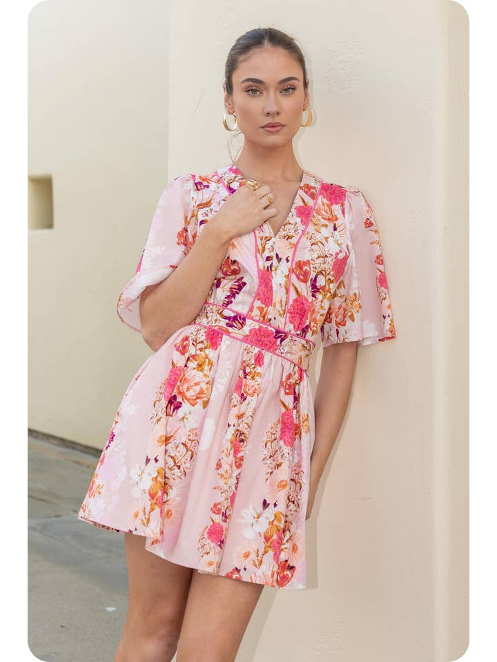 Romantic Floral Print Contrast Piping Mini Dress - Pink Multi