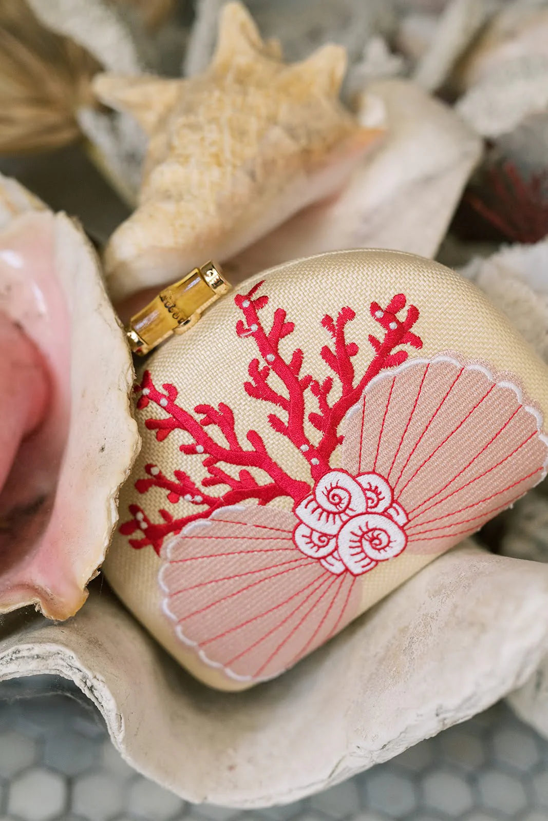 Coral Shell Clutch Embroidered