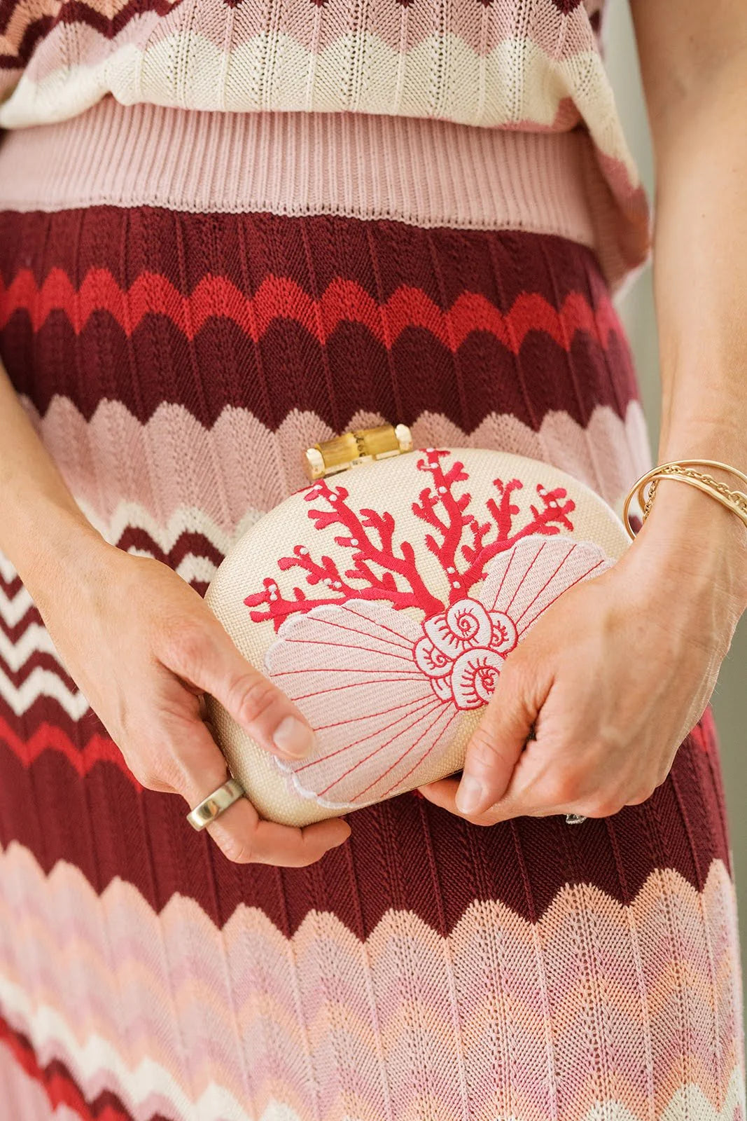 Coral Shell Clutch Embroidered