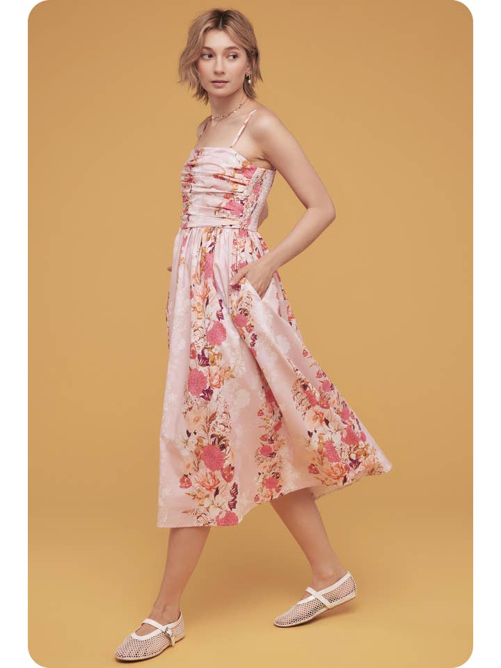 Romantic Floral Print Ruched Pleating Midi Dress - Pink Multi