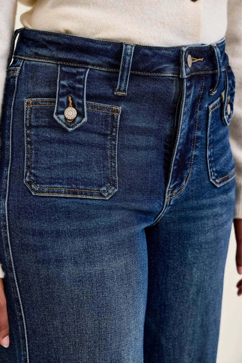 Judy Blue Hi Waist LUX Retro Wide Leg Jeans Front Patch Tab - Fade Indigo