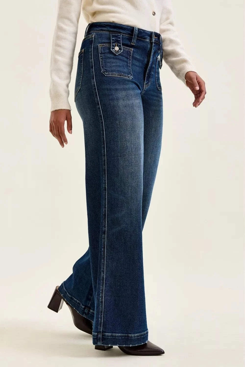 Judy Blue Hi Waist LUX Retro Wide Leg Jeans Front Patch Tab - Fade Indigo