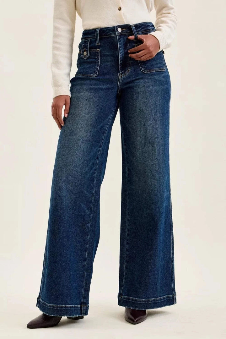 Judy Blue Hi Waist LUX Retro Wide Leg Jeans Front Patch Tab - Fade Indigo