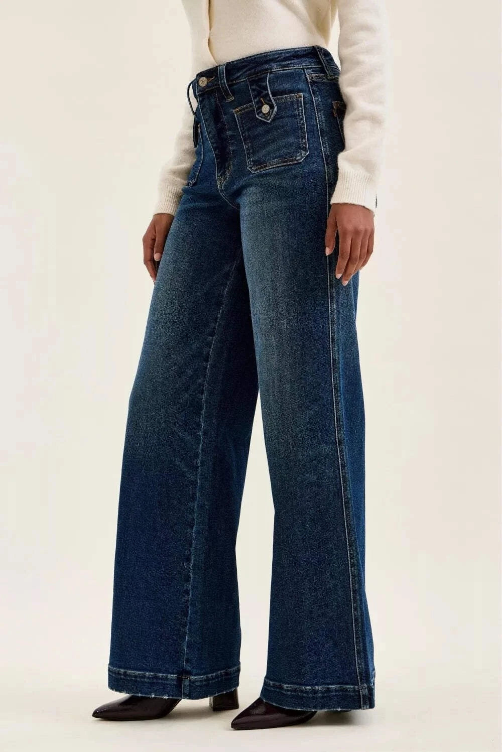 Judy Blue Hi Waist LUX Retro Wide Leg Jeans Front Patch Tab - Fade Indigo