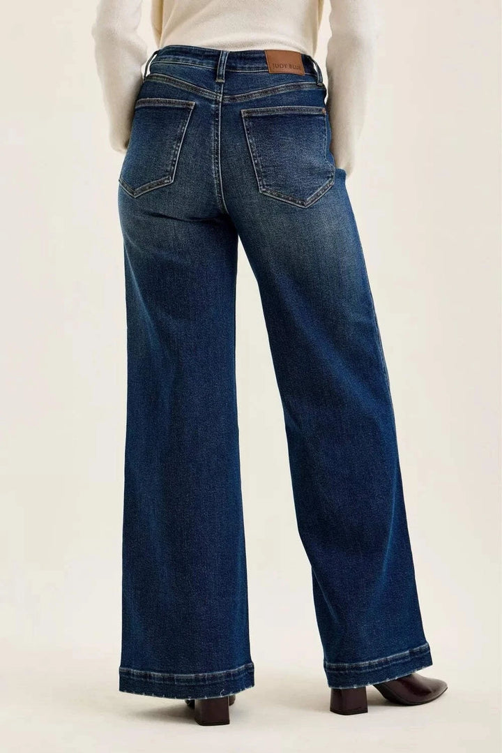 Judy Blue Hi Waist LUX Retro Wide Leg Jeans Front Patch Tab - Fade Indigo