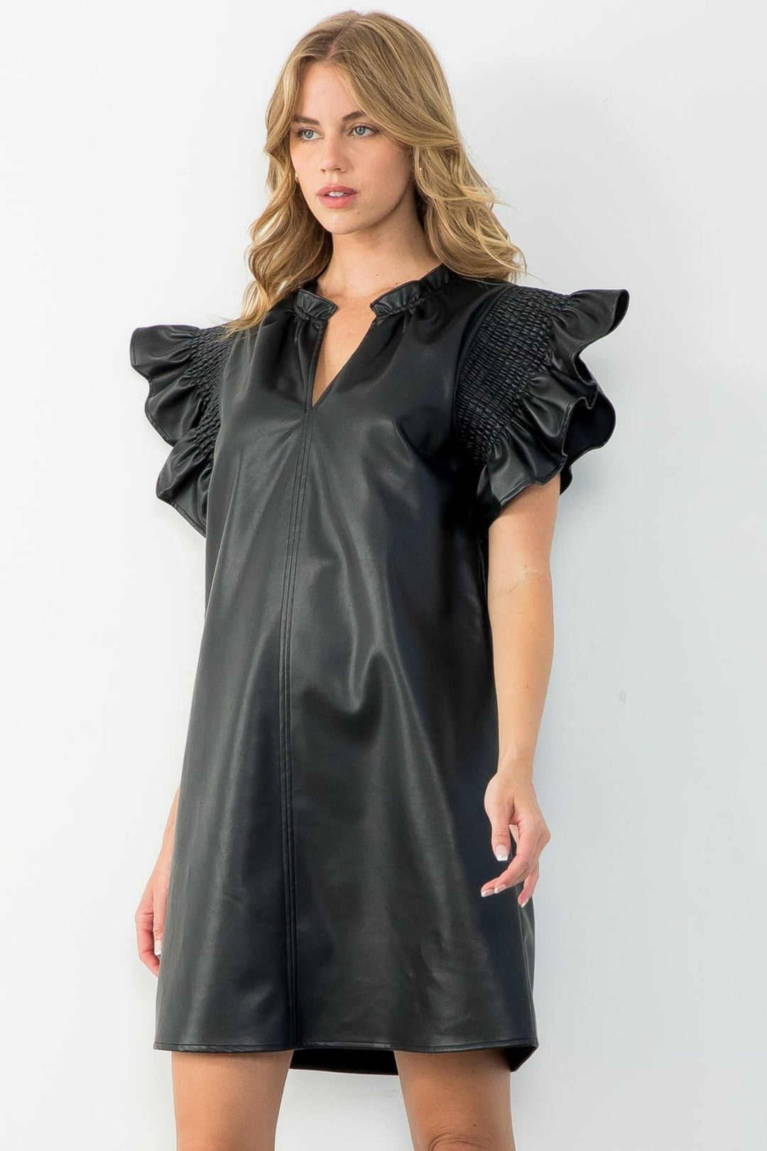 Aspen Smocked Flutter Sleeve Leather Dress - Black