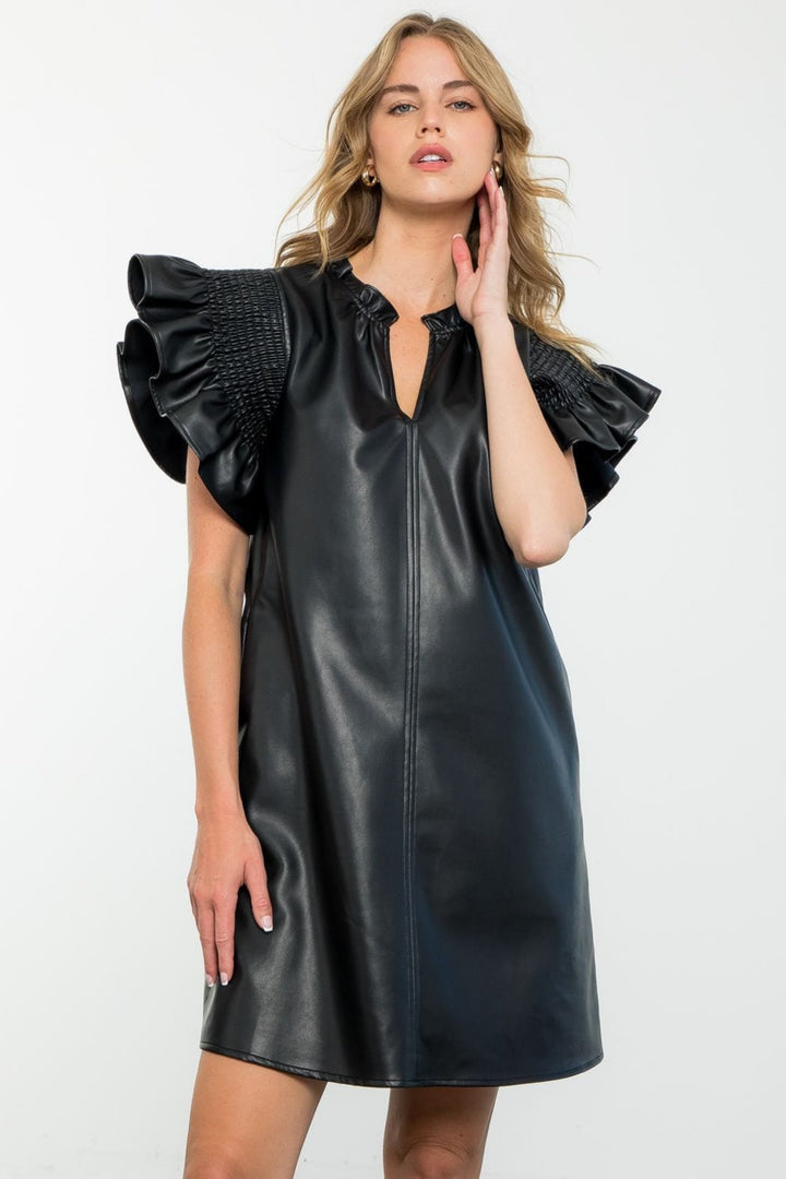 Aspen Smocked Flutter Sleeve Leather Dress - Black